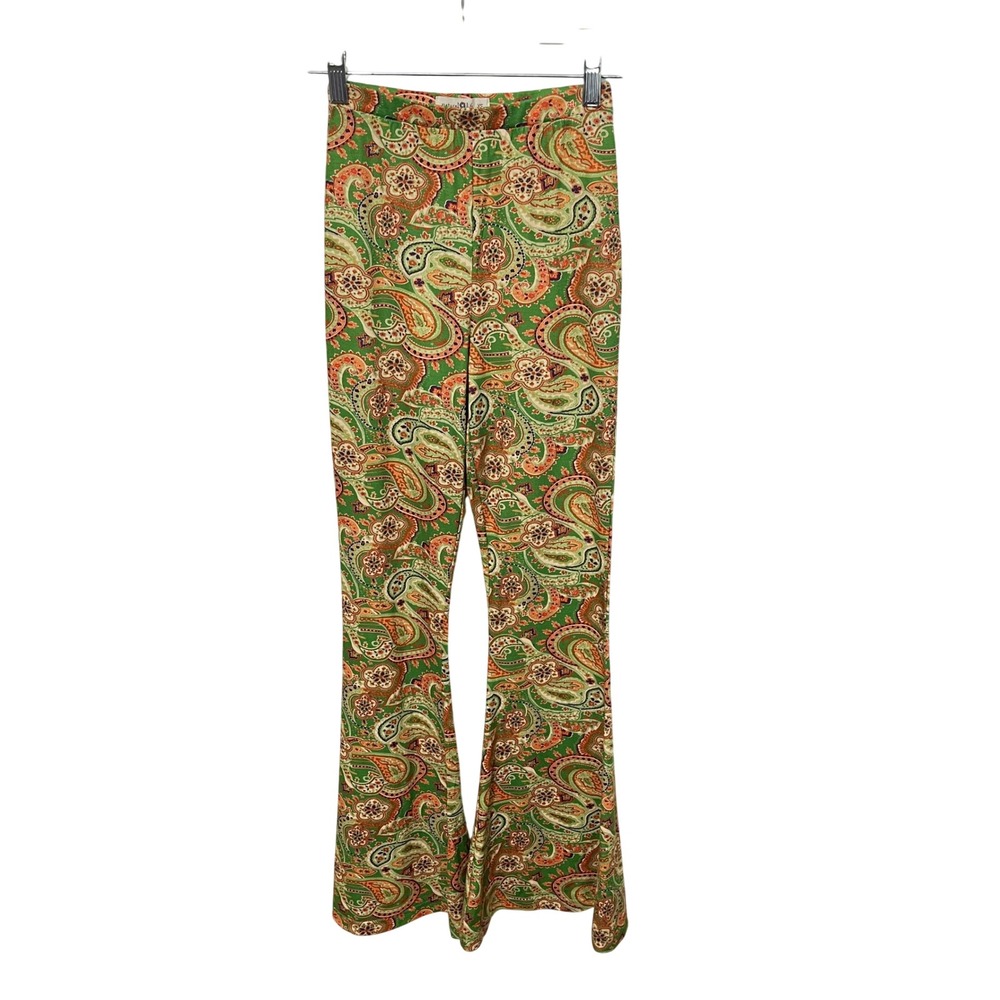 Natural Life Flare Pants Womens XS Green Paisley Boho Bell Bottom Retro Stretch